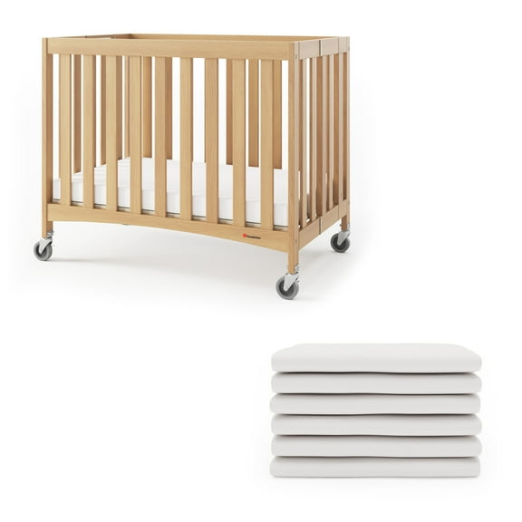 Foundations Compact Travel Sleeper Folding Hotel Crib and Sheet Bundle – Includes Wooden Mini Crib with 2" Foam Mattress (Natural) and 6-Pack White Fitted Compact Crib Sheets