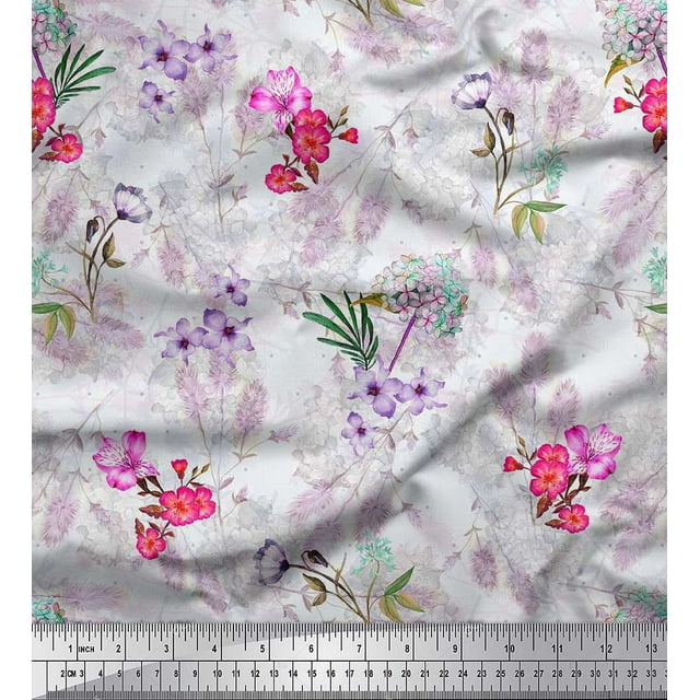 Soimoi Pink polyester Crepe Fabric Leaves & Floral Print Sewing Fabric BTY 52 Inch Wide