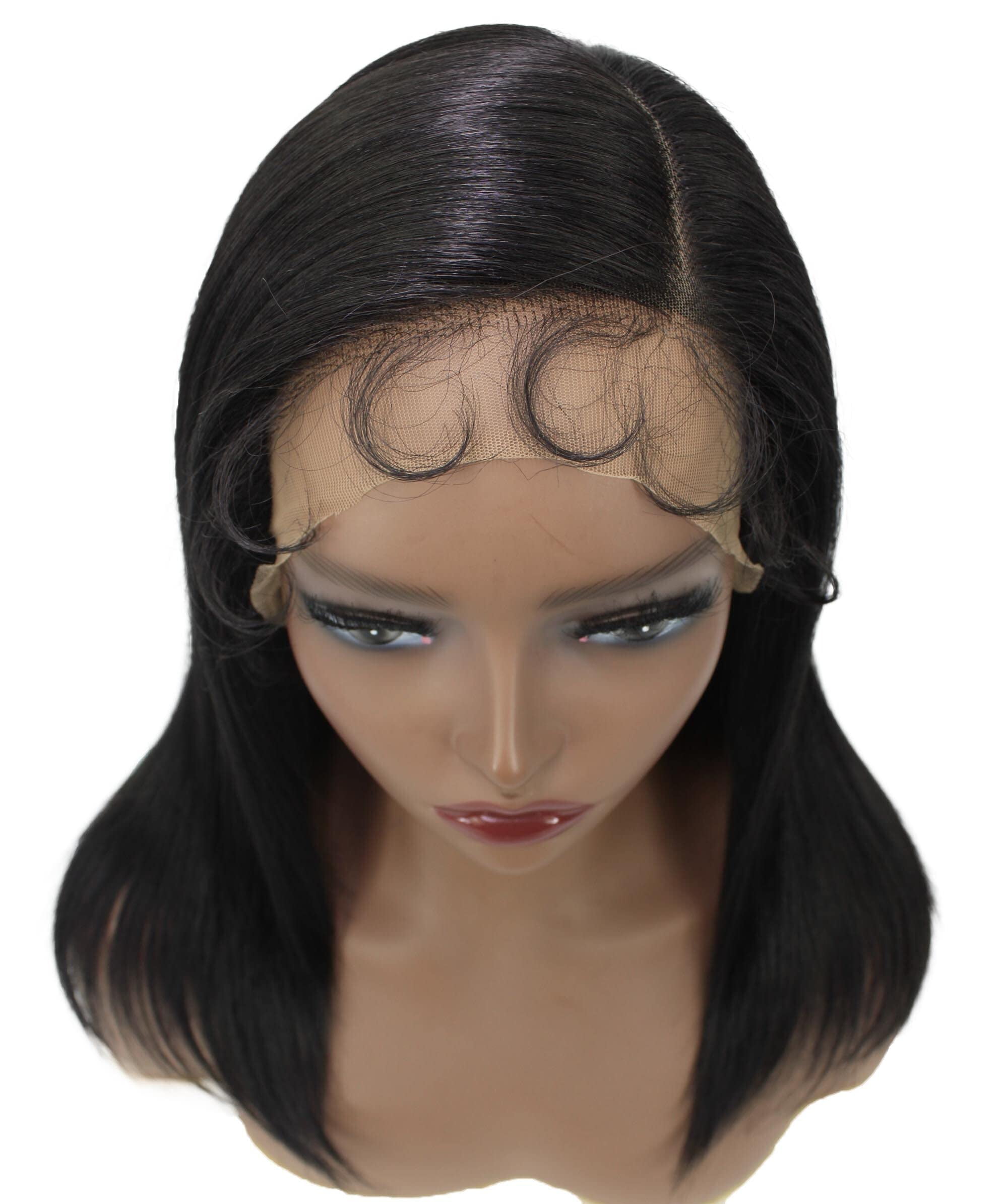 LUXLUXE Gabriella 18 inch Cut Layered 3.5" C Parting HD Lace Front Wig, Heat Resistant Synthetic Fiber Hair, Natural Black