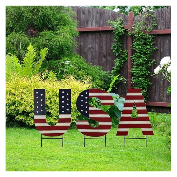 USA Yard Signs 4th of July Decorations - Patriotic Garden Stakes Metal Outdoor Lawn Decor - Independence Day Memorial Day Veterans Day American Flag Letter Set