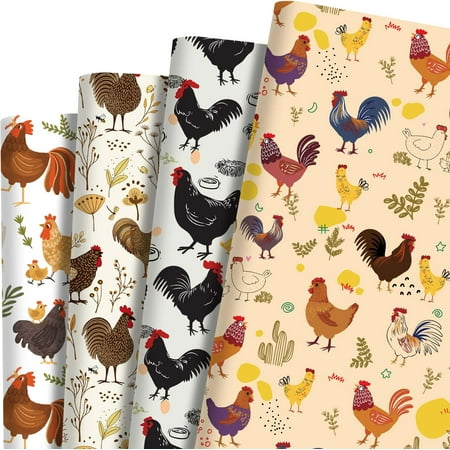12 Pcs Chicken PresNok Wrapping Paper Printed Watercolor Cute Rooster Hen Chick Animal Rustic Farm Flower Plant Patterns for Spring Baby Shower Farmhouse Party DIY Craft Gifts Wrap Supplies