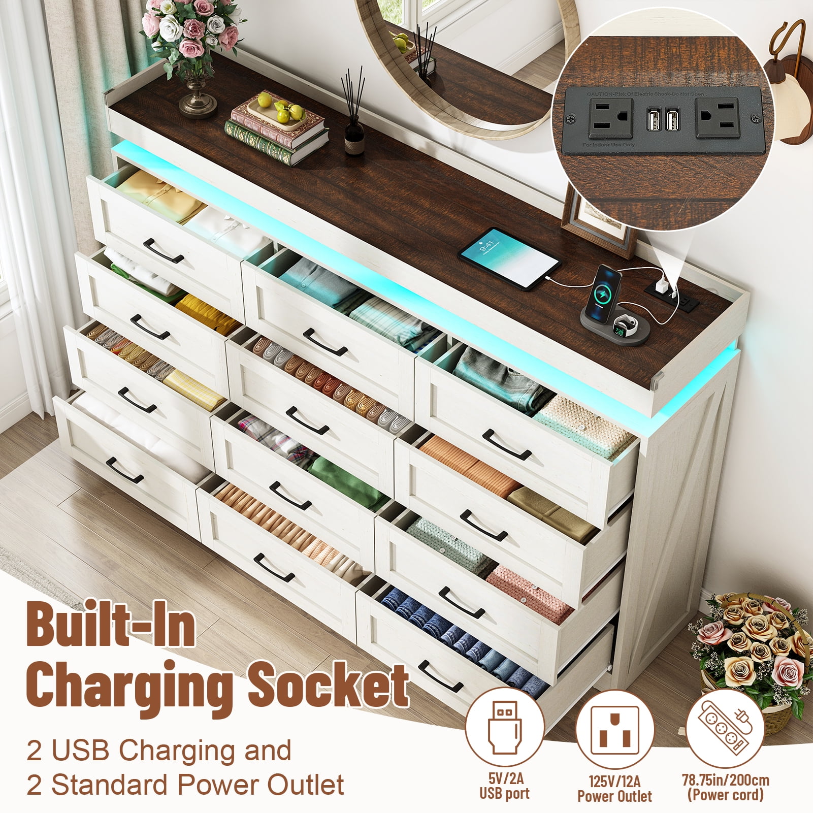 ChVans 12 Drawer Dresser with LED Light and Charging Station, 71" Wide 46" Tall Farmhouse Large Chest of Drawers for Closet, Large Wide Drawer Organizer Cabinet for Bedroom, Living Room