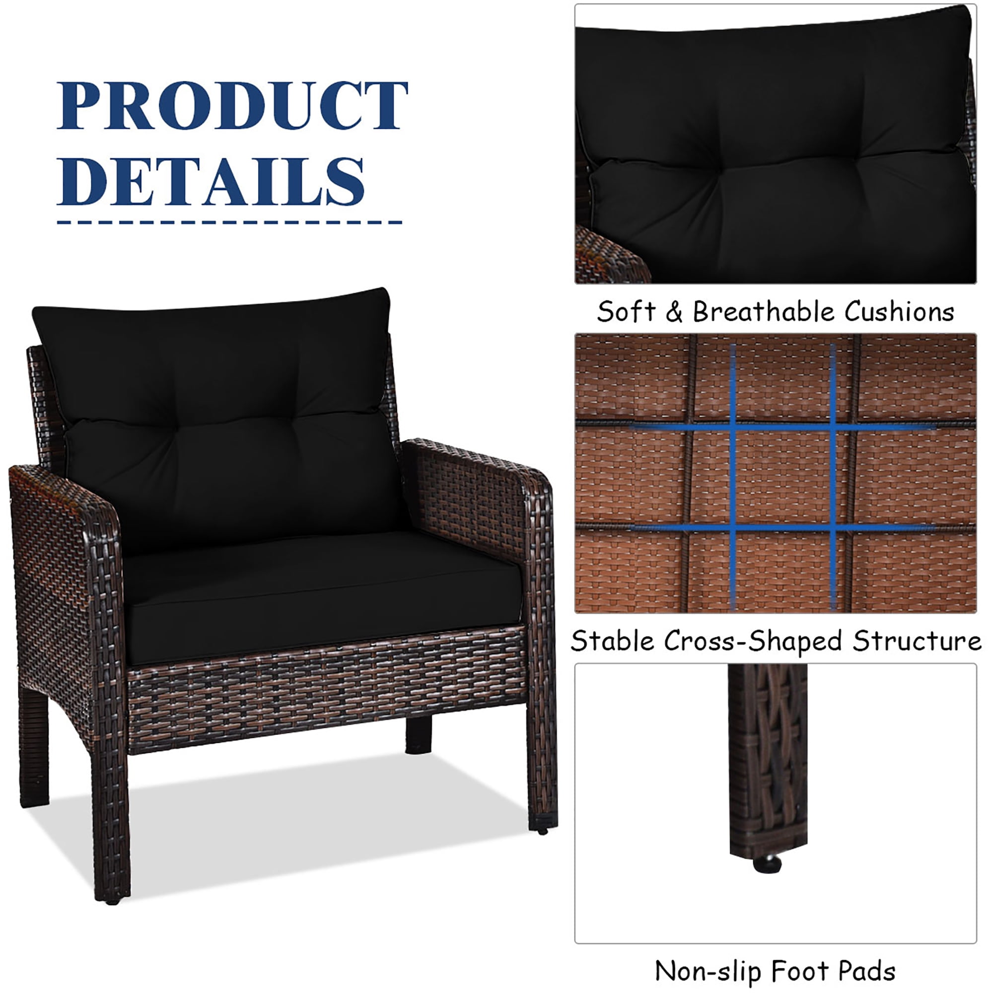 Costway 3PCS Outdoor Rattan Conversation Set Patio Garden Cushioned Sofa Chair Black