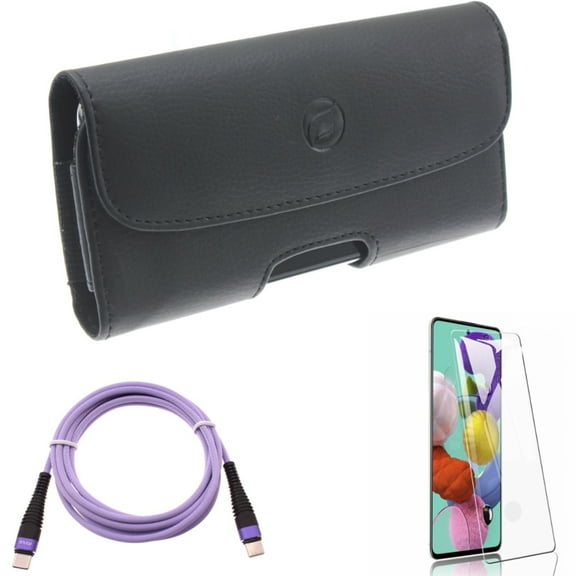 Case Belt Clip w Screen Protector w Purple 6ft PD Cable for Samsung Galaxy S20 - Leather Holster, Tempered Glass [Fingerprint Unlock], Type-C to USB-C Long Charger N5X fits Samsung Galaxy S20 Model
