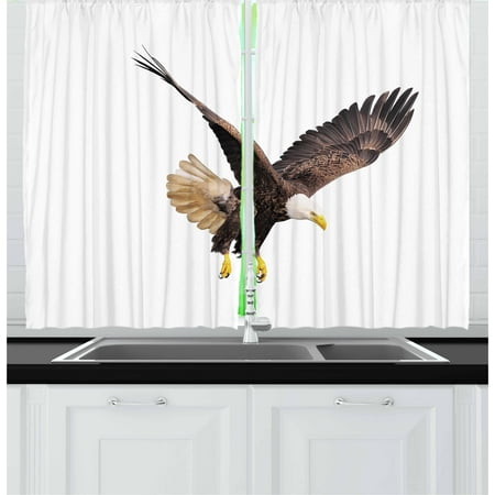 Eagle Curtains 2 Panels Set, Image of a Hunter Flying Looking for Prey Predator Scenes from Nature, Window Drapes for Living Room Bedroom, 55W X 39L Inches, Cream Dark Brown Yellow, by