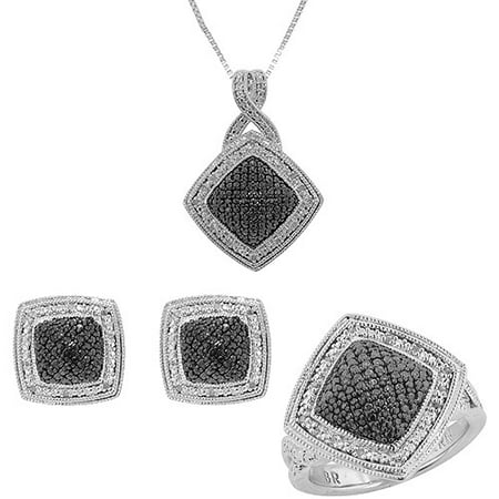 1/4 Carat T.W. Round White and Black Diamond Rhodium-Plated Ring, Earrings and Pendant Set, 18