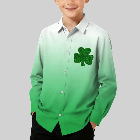 UQJfacai Boys St Patricks Day Shirt Shamrock Printed Long Sleeve Button Down Shirts Hawaiian Gradient Collared Blouse 3-16 Years