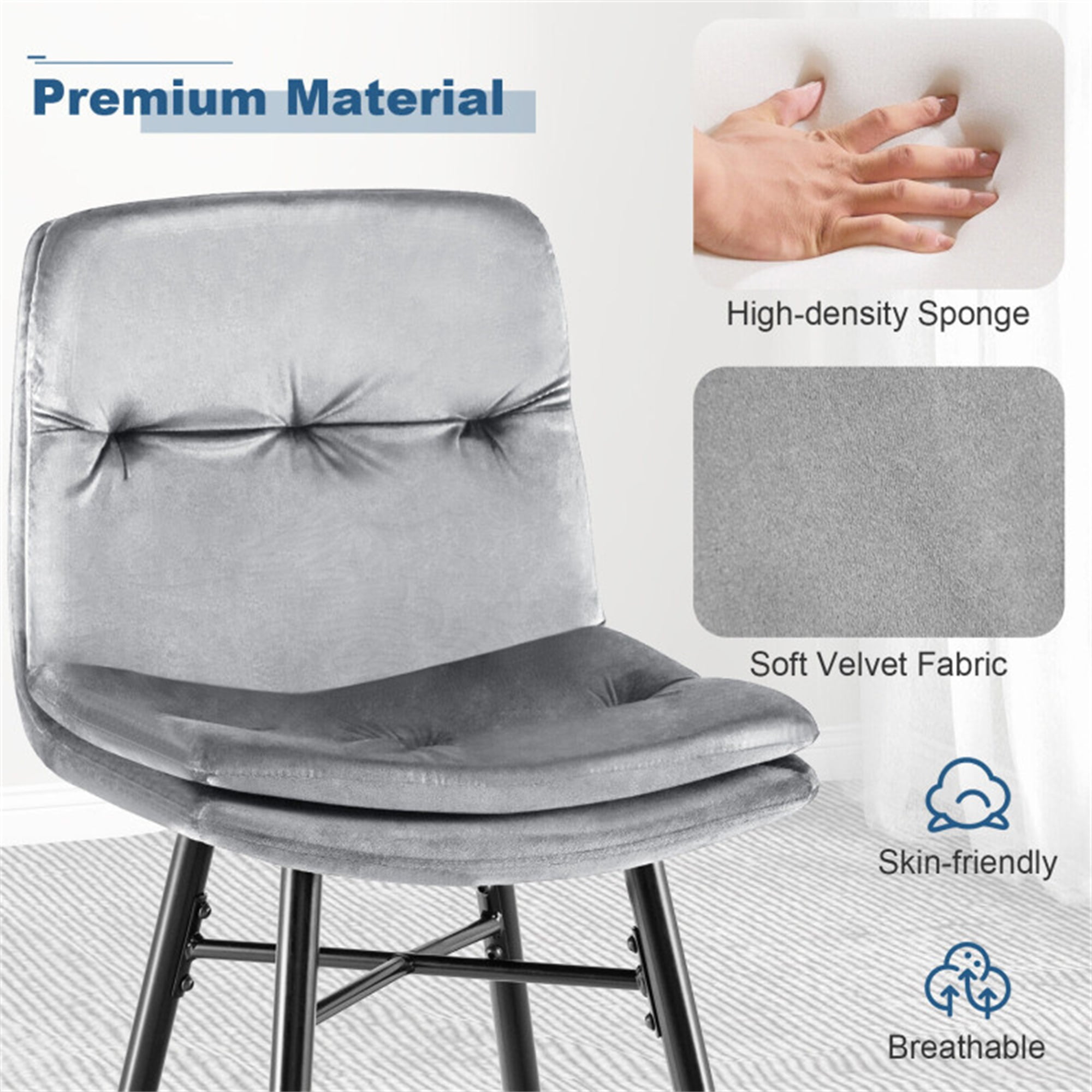 Demi Bonn 29" 2 Pieces Velvet Bar Stools Set with Tufted Back and Footrests, Modern Dining Chair, Gray