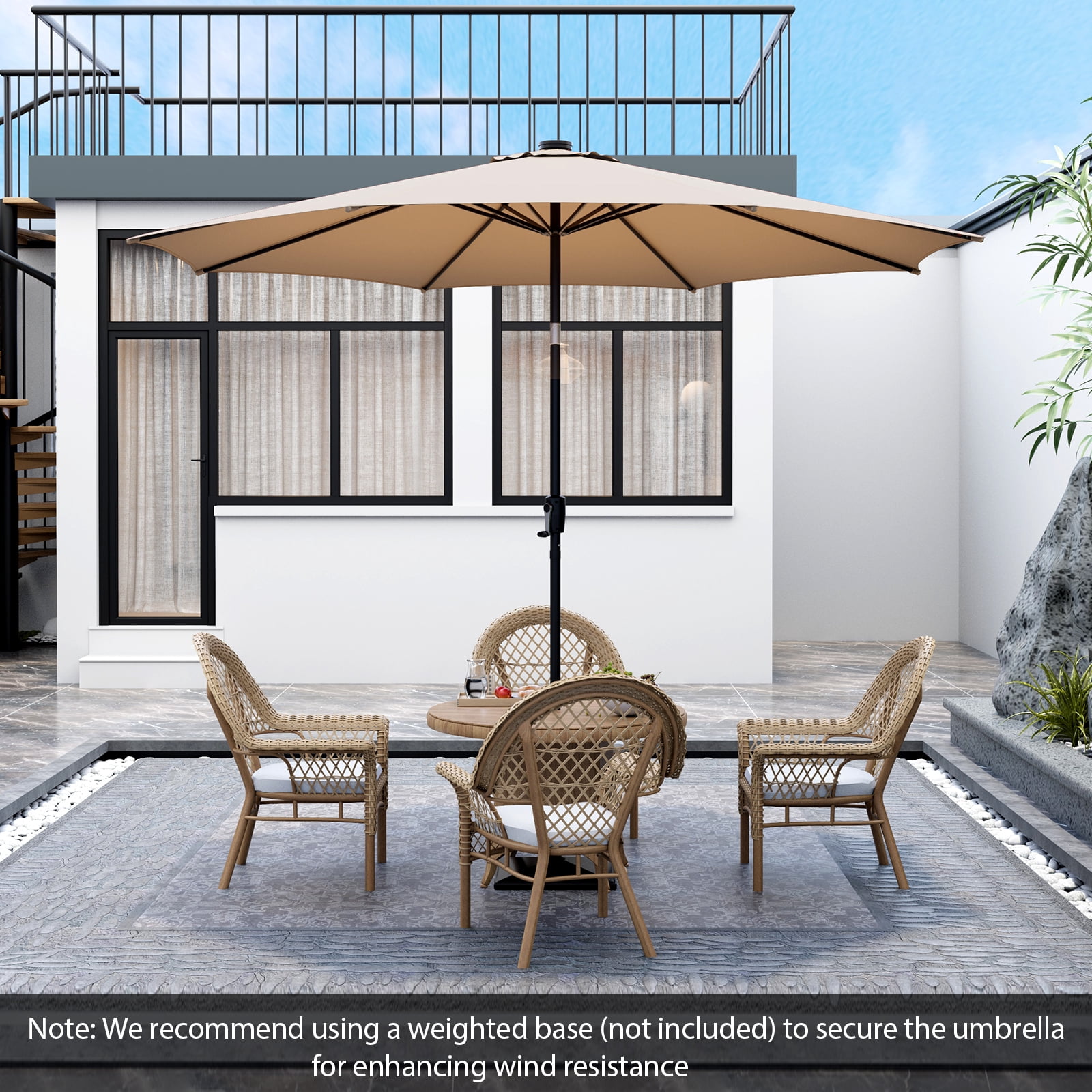Costway 120" Beige Round Market Patio Umbrella, Solar Lighted