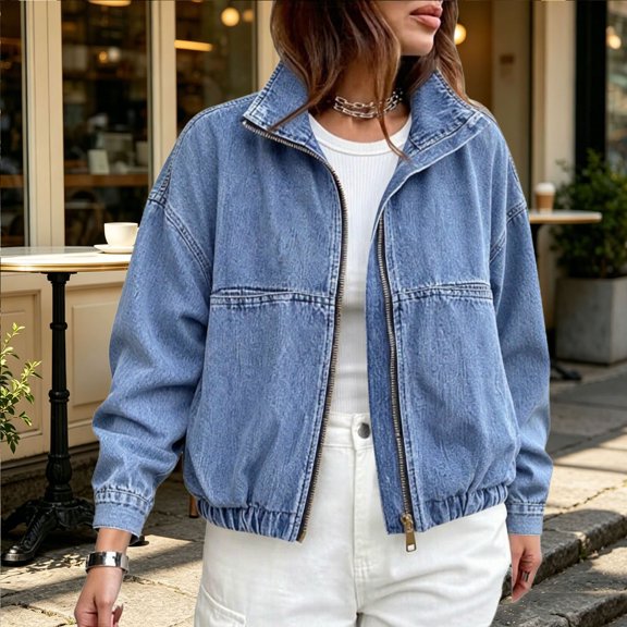Karymi Workout Tops for Women Zip Up Stand Collar Denim Jacket, Long Sleeve Elastic Hem Jean Coat with Patch Pockets, Casual Vintage Outerwear for Spring Fall Going Out Tops for Women