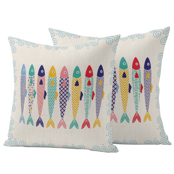 Colorful Fish Coastal Outdoor Waterproof Pillow Covers, Nautical Summer Ocean Sea Rustic Decorative Square Throw Pillowcase Sofa Cushion Sham for Patio/Couch/Chair, 20"x20" 2 Pack