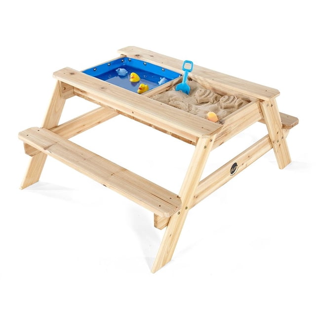 Mesa de Picnic Plum De Madera con compartimentos para arena y agua, fabricada en madera FSC certificada, con bancos integrados y diseño plegable, ideal para muebles de jardín y actividades infantiles al aire libre.