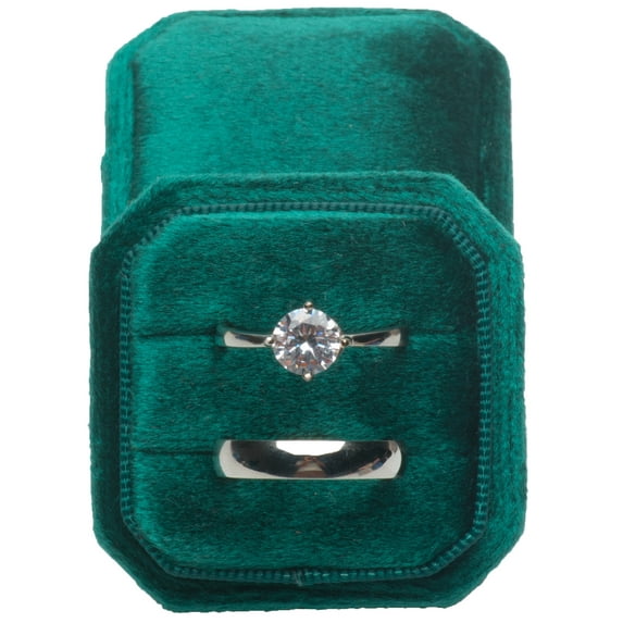 Small Velvet Ring Box Cut Edge Octagon for Wedding Engagement(Green)