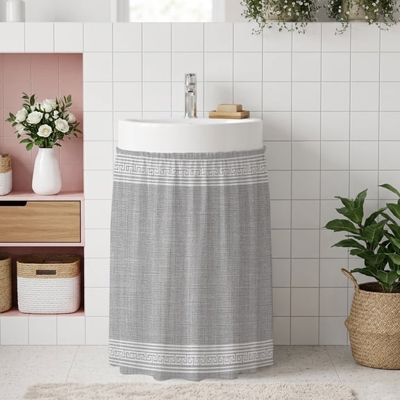 Grey Retro Greek Key Small Cabinet Curtain 11''x13'', Geometric Greece Ancient Rustic Bathroom Sink Skirt for Kitchen Vanity Pedestal, Laundry Privacy Drape Waterproof Dishwasher Curtains
