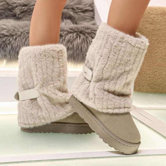 Fur Boots,Womens Winter Boots,Women's Faux Fur Mid Calf Snow Boots - Round Toe Suede Warm Fur Lined Platform Flat Comfort Outdoor Winter Fashion Boots(Beige 37)