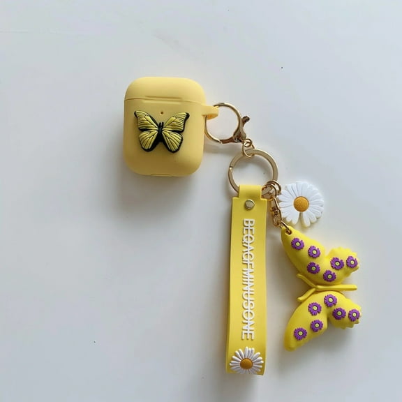 Caselix Compatible with AirPods Case Cute 3D Butterfly and Flowers with Keychain Waterproof Soft Silicone Protective Case Cover for Airpods 2&1 Charging Cases for Women Girl (Yellow)