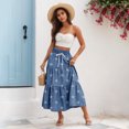 thumbnail image 6 of Yucgh Women's Denim Print Pleated Midi Skirt with Bow, Retro Casual Long Skirt, Flowy Bohemian Skirt with Elastic Waist,Cyan,M, 6 of 7