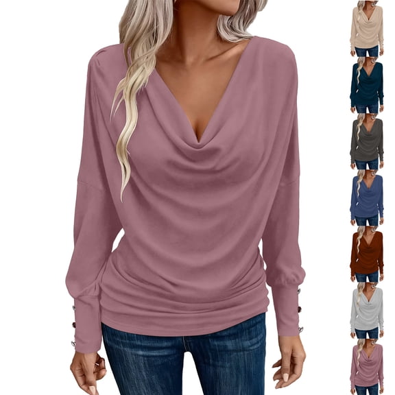 Tqyyweavej Womens Cowl Neck Tops Draped Ruched Dressy Long Sleeve Brouses Lightweight Loose Casual Tunic Shirts Size S to 2XL
