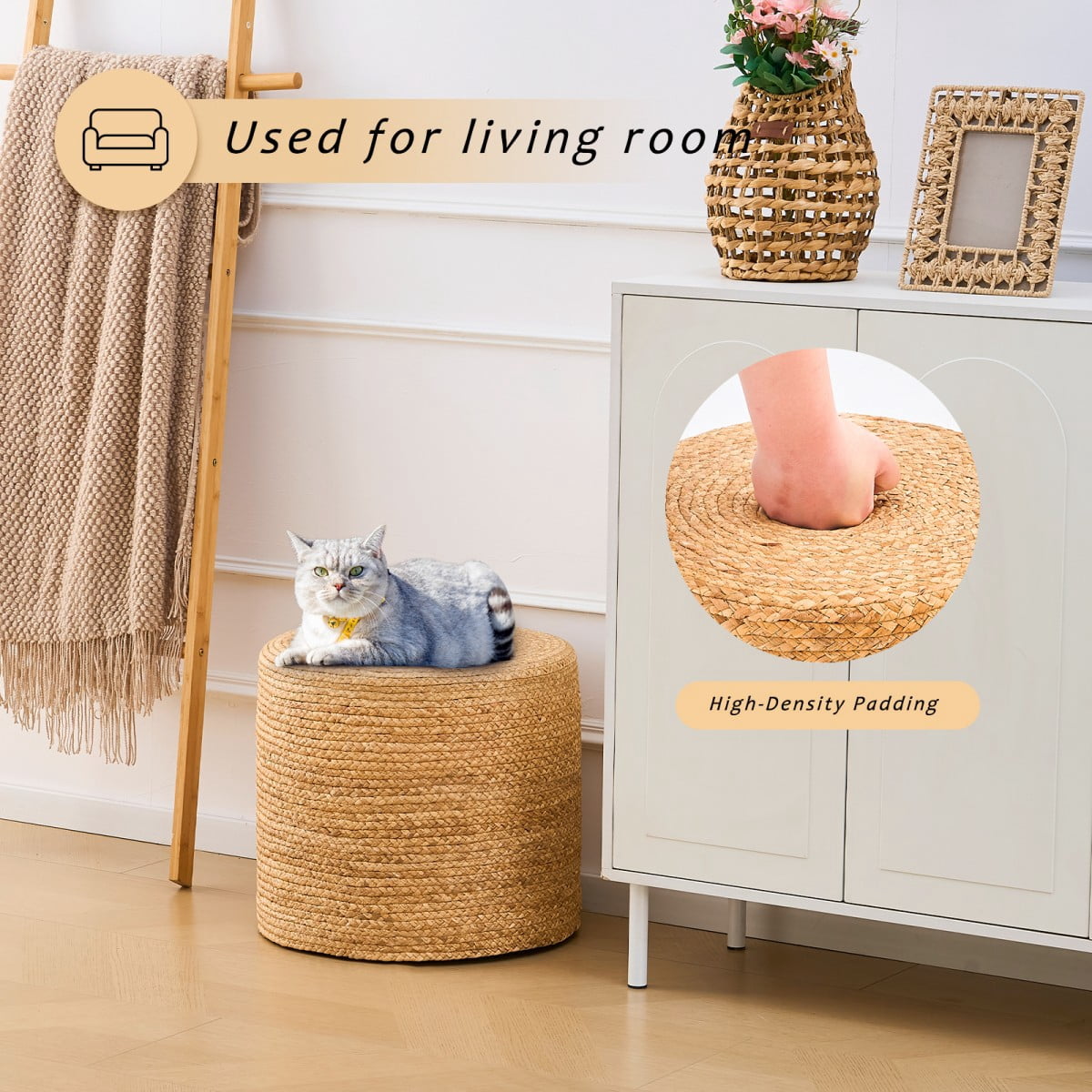 IVV Natural Water Hyacinth Round Ottoman, 17.7-Inch Handmade Woven Foot Stool End Desk with Wooden Frame for Living Room & Bedroom