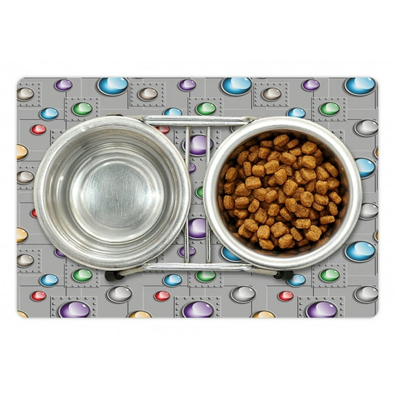 Colorful Pet Mat for Food and Water, Grey Industrial Background with Vibrant Colored Ornaments Abstract Illustration, Non-Slip Rubber Mat for Dogs and Cats, 18" X 12", by Ambesonne