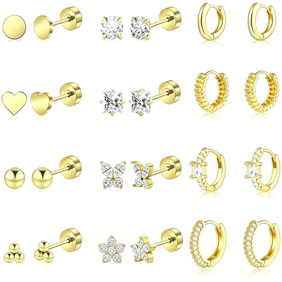 DESIGNICE 12 Pairs Hypoallergenic Surgical Steel Earrings for Sensitive Ears Waterproof Trendy Gold Plated Small Stud Flat Back Stainless Steel Earrings for Women Men Hoop Cartilage Earring Set