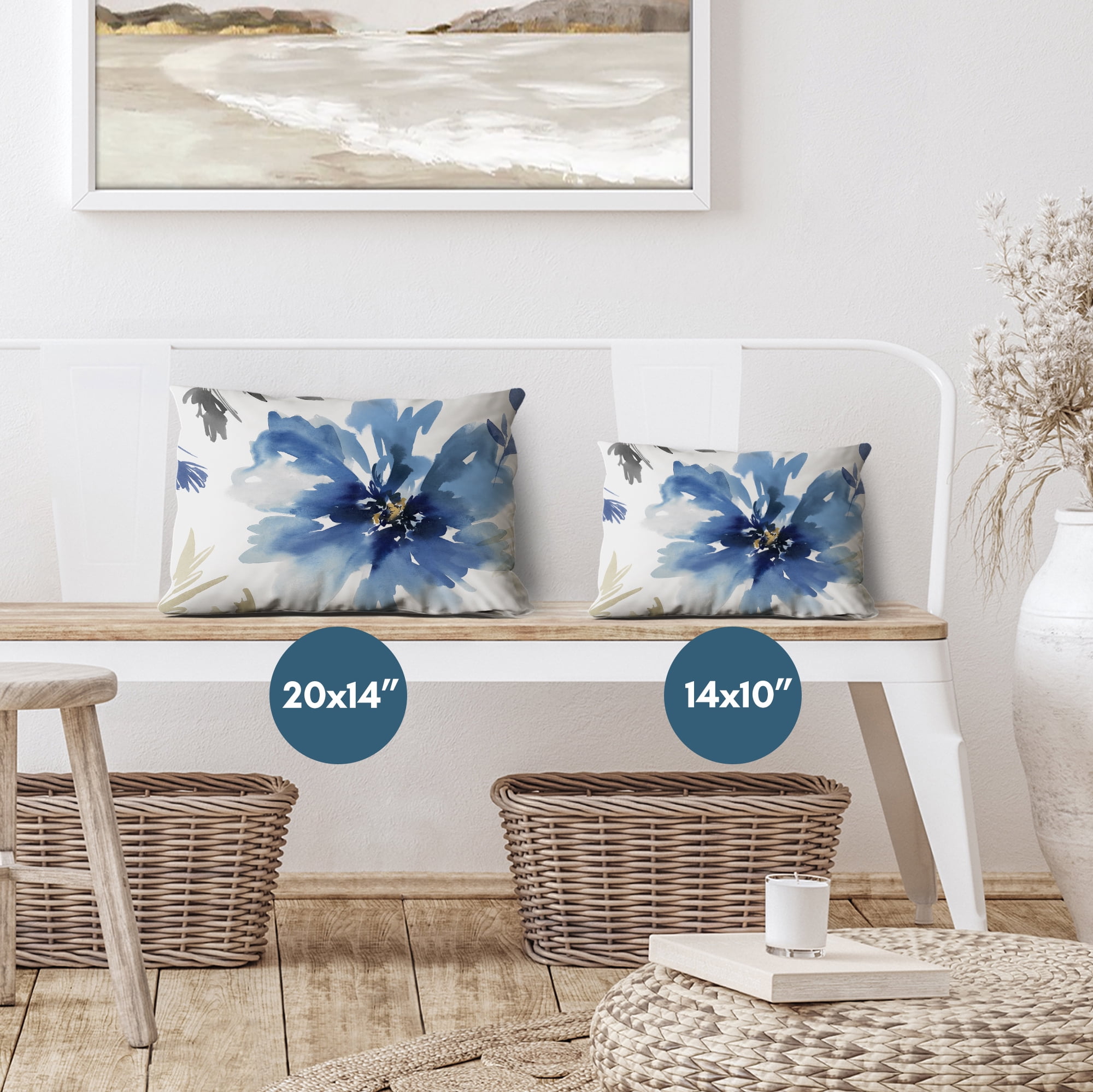 Americanflat 20"x14" Floral Rectangular Throw Pillow with Premium Polyester - White and Indigo