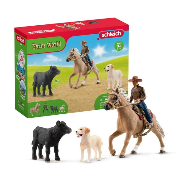 Schleich Farm World - 6PC Rodeo Playset with Cowboy, Horse Figure, Cow, Dog and Accessories - Farm Animal Figurines and Toys for Kids Ages 3  - 41418