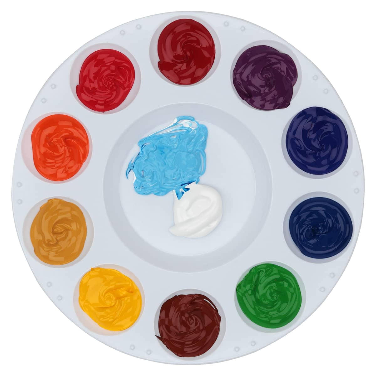 Creative Mark 10-Well Round Plastic Paint Palette - Pack of 12, Durable, Reusable, Solvent-Resistant, with Oversized Paint Wells Mixing and Color Theory - 7.4ml (0.25oz) Per Well