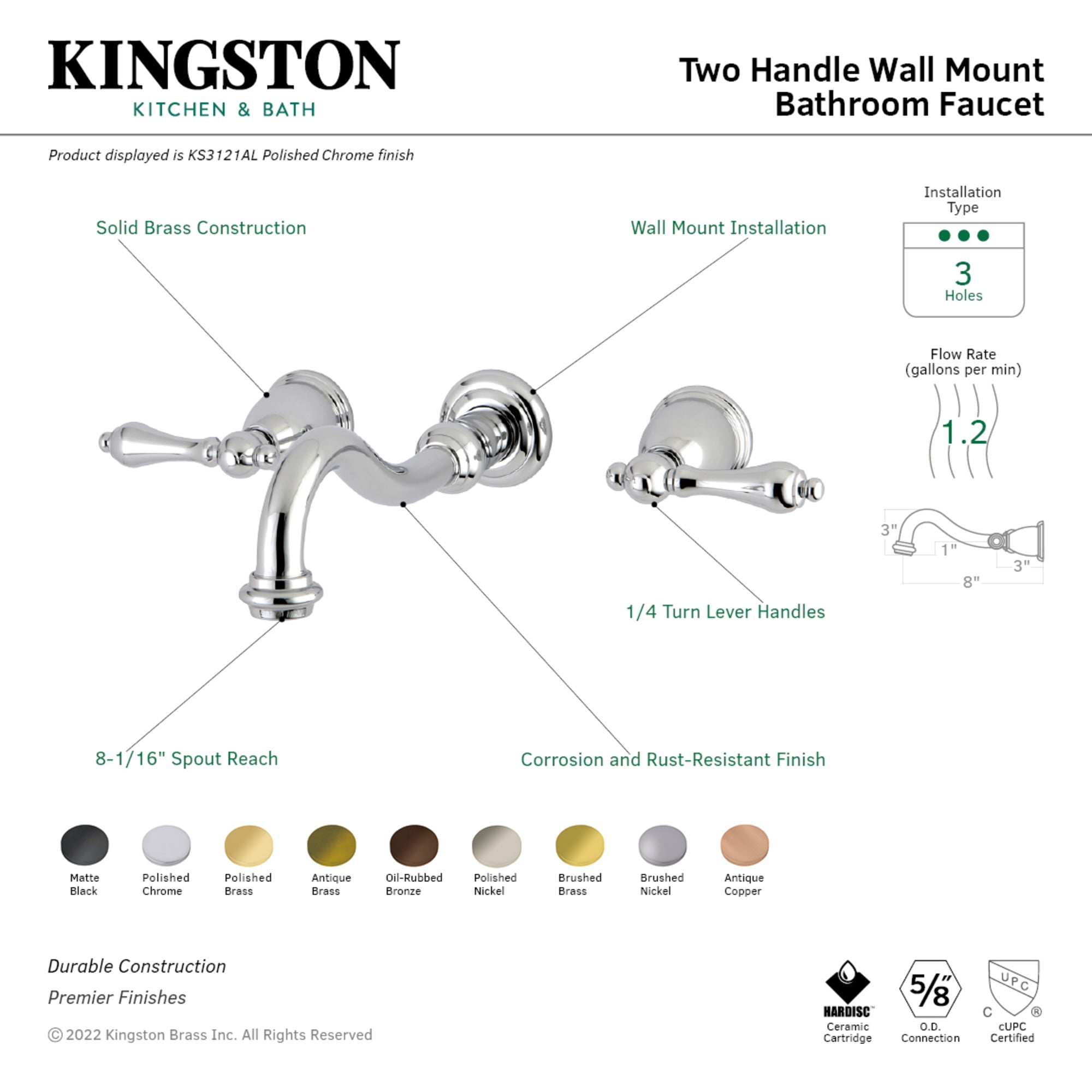 Kingston Brass KS312ALAC Vintage Double-Handle Wall Mount Bathroom Faucet, Antique Copper
