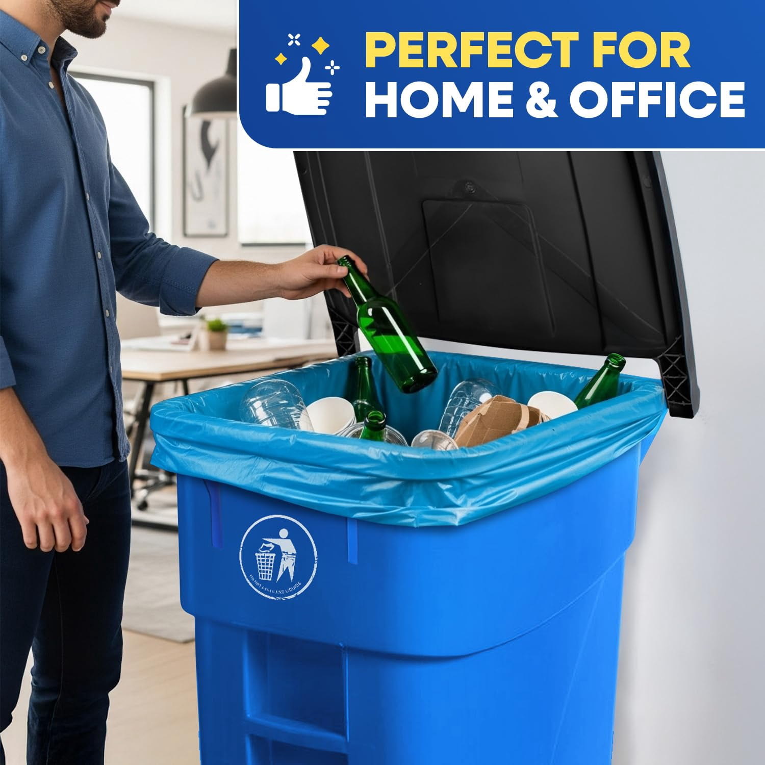 (100 Pack) 55-60 Gallon Trash Bags, 2 Mil, Heavy Duty, Fit Rubbermaid Brute Rollout, Round and Square 32-55 gal Trash Cans, 43" x 47" Large Durable Garbage Trash Can Liners, Bulk (2 Mil Blue)