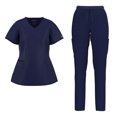 thumbnail image 1 of Stretch Women Nursing Scrubs Set - V Neck Classic Scrubs Medical Uniforms Top Skinny Pants JYC305 NAVY XL, 1 of 6