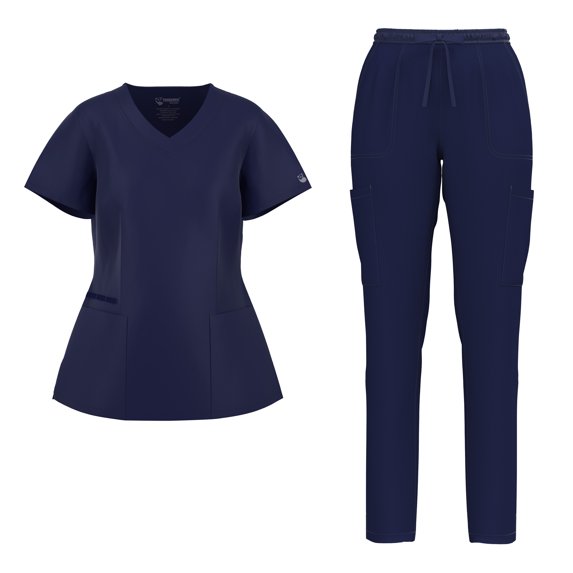 Stretch Women Nursing Scrubs Set - V Neck Classic Scrubs Medical Uniforms Top Skinny Pants JYC305 NAVY XL