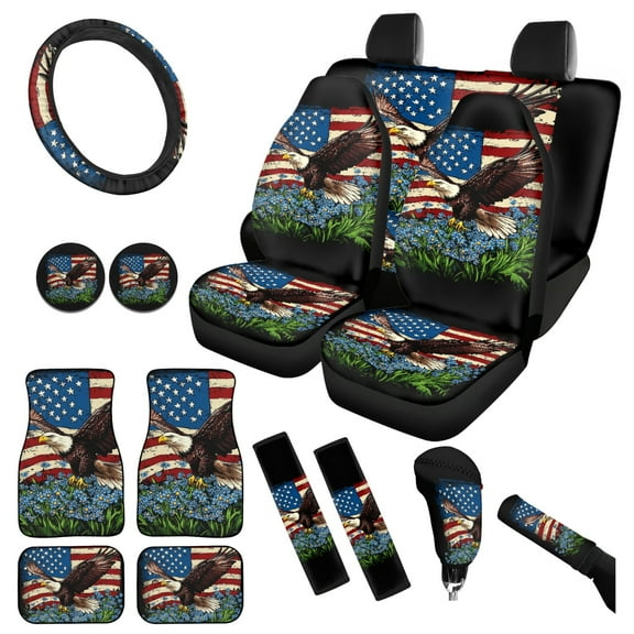 Yuyamidu Eagle Car Seat Covers Full Set 15 Pcs American Flag Car Floor Mats Steering Wheel Cover Auto Seat Belt Pad Handbrake Cover Coasters Auto Accessories