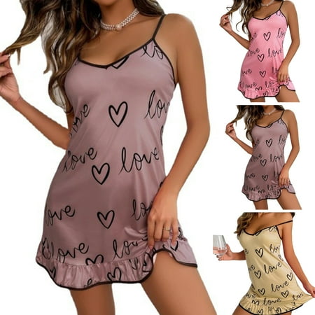 

harmtty Women Nightdress Big Hem Sleeveless Backless Heart Print Above Knee Seductive Low Cut Spaghetti Strap Women Nightie for Sleeping Pink