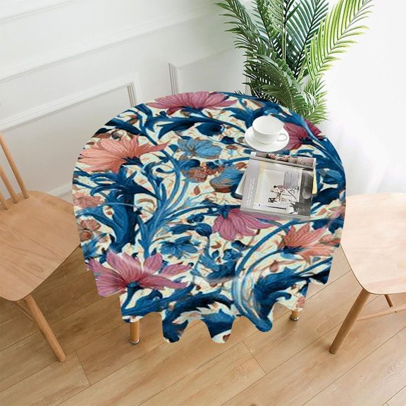 RKSupls 60 Inch Round Tablecloth, Blue Pink Floral Premium Polyester Straight Edge Wrinkle Resistant Washable Table Cover for Party Home Dining Decor