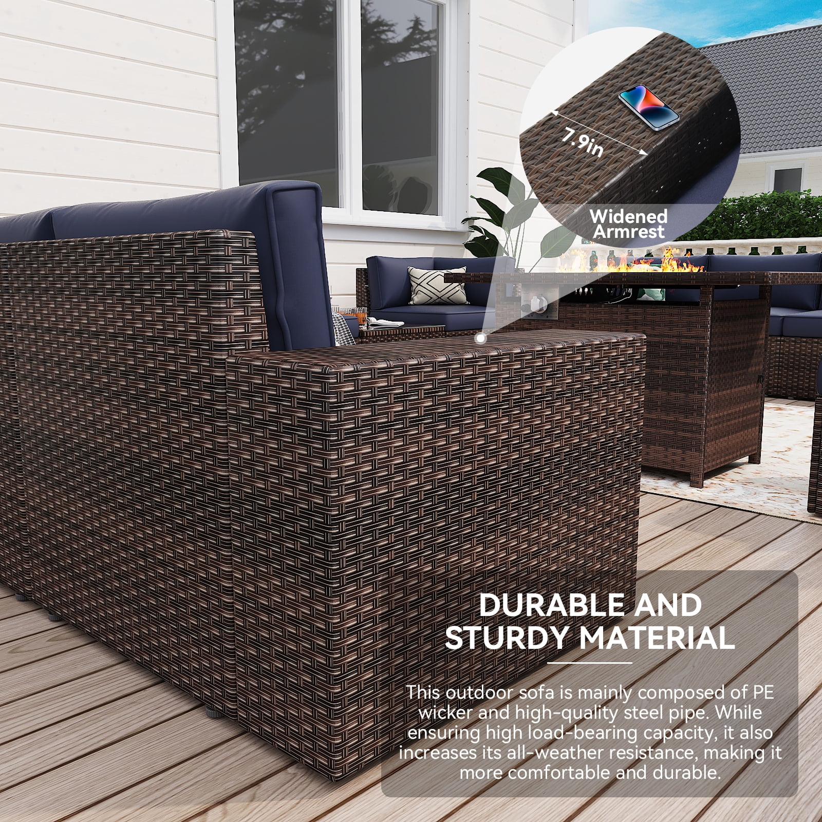 unmthink 13-Piece Rattan Sectional Patio Furniture Set with Fire Pit Table, 2 Coffee Tables, Blue