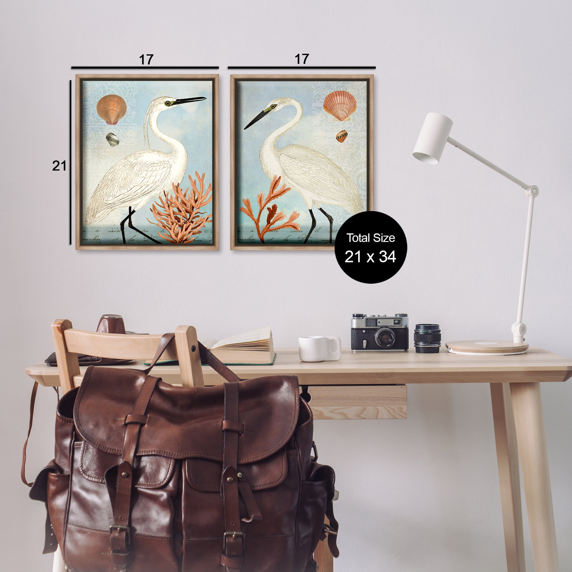 Stupell Industries Beach Items Shell Heron Egret Animals Painting Brown Floater Framed Canvas Art Print Wall Art, 17 x 21, Set of 2