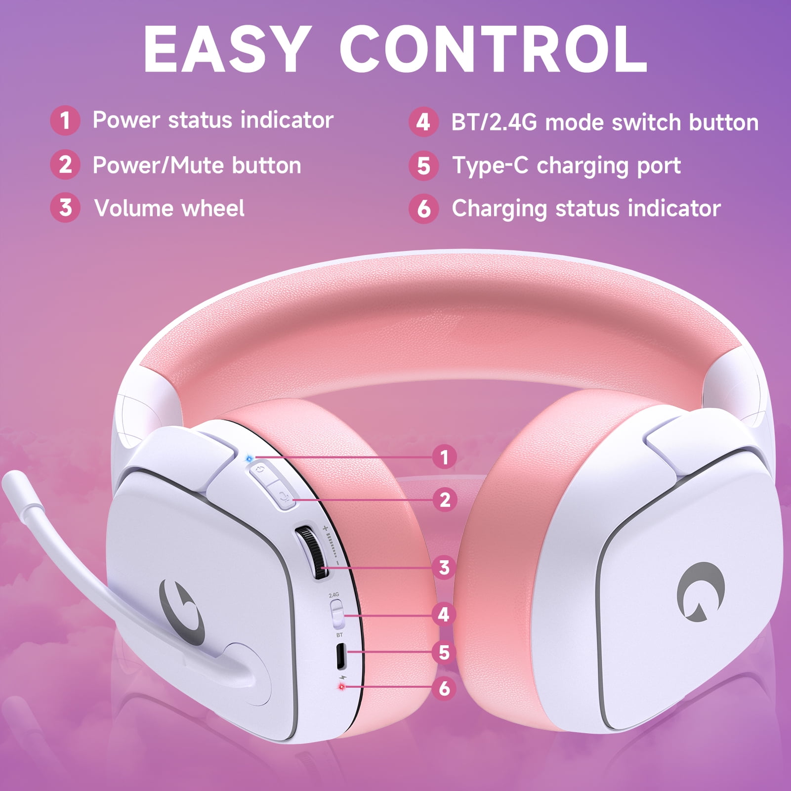 UDH Wireless Gaming Headset 2.4GHz for PS5/PS4/PC/Switch - Bluetooth 5.3 Headphones with Noise-Canceling Mic, 7.1 Surround Sound, 70H Battery Life, RGB Lights, Foldable, Portable-Pink