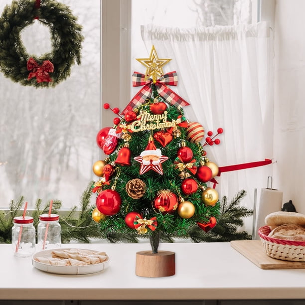 Árbol de Navidad de Mesa con Luces Led y Frutos Rojos | Mini Decoración Navideña Artificial de 35 Cm | Base Estable | Funciona con Pilas | Decoración Festiva para Escritorio, Oficina, Cocina, Ventana