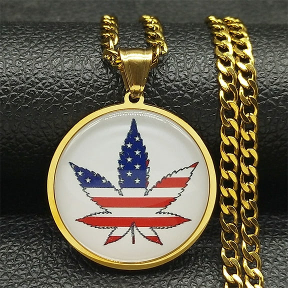Fashion American National Flag Leaf Round Shape Necklace Pendant Men Women 14K Yellow Gold Gold Color Chain Gifts Jewelry