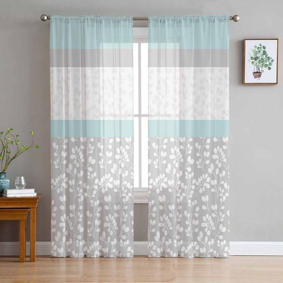 Aqua Grey Sheer Curtains 84 Inches Long 2 Panels Set, Window Sheer Curtains for Living Room/Bedroom, Chic Garden Floral Stripe Embroidery Design Light Filtering Rod Pocket Curtain 52'' x 84'' x 2