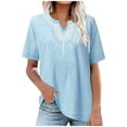 thumbnail image 2 of Spring Tops for Women LEBONYARD Summer Tops for Women 2025,Fashion Women's Summer V-Neck Short Sleeve Cotton Linen Solid Casual T-shirt Blouse Blue XL, 2 of 5