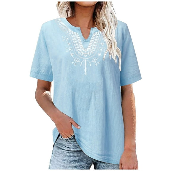 Dagegui Summer Tops for Women Casual Mexican Embroidered Blouses Cotton Linen Notch V Neck T Shirt Short Sleeve Gauze Shirts Blue S-2XL