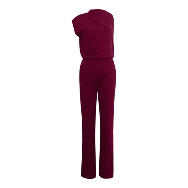 Mono de mujer de color liso con pantalón recto - Poliéster y spandex, tirantes finos, pierna ancha, diseño holgado informal.