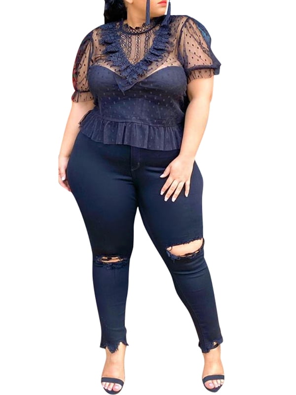 Stonecck Women's Plus Size Lace Top Sexy See Through Mesh Shirts Blouse ...