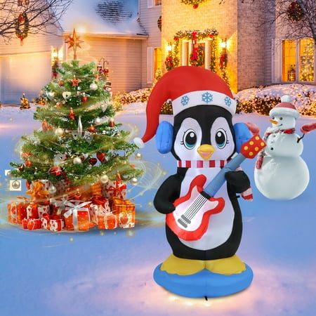 Infleasjoiy 6Ft Penguin Playing Guitar Christmas Inflatable Decoration With Led Lights