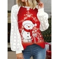 thumbnail image 2 of Plus Size Christmas T-shirt, Women's Plus Christmas Reindeer & Slogan Print Contrast Lace Long Sleeve Round Neck Slight Stretch T-shirt, 2 of 5