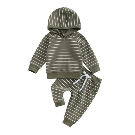 

Toddler Baby Boys Sweatsuit Long Sleeve Striped Pullover Hooded Sweatshirt Top Sweatpants 2Pcs Set