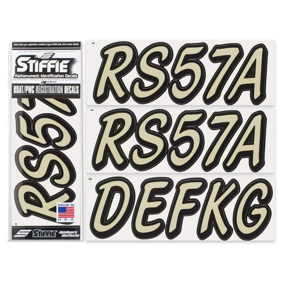 STIFFIE Whipline Solid Sand/Black 3" Alpha-Numeric Registration Identification Numbers Stickers Decals for Boats & Personal Watercraft