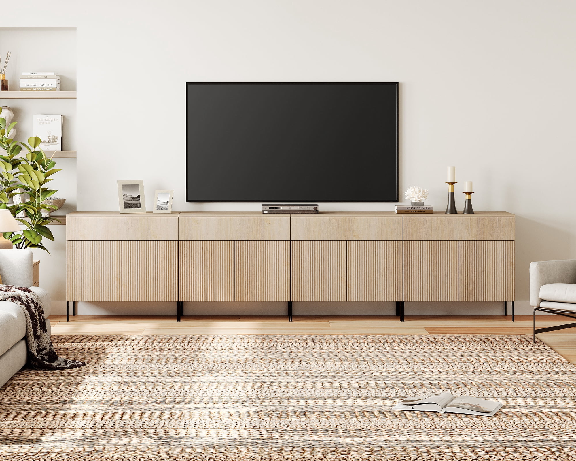 126" Long Modern Reeded TV Stand with Doors, Entertainment Center with Shelf, Wooden TV Console with Drawers for Living Room